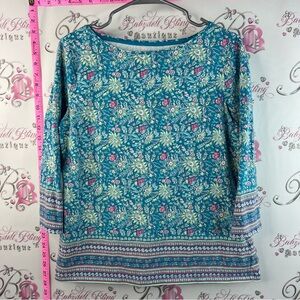 Talbots shirt paisley Teal Floral Long-Sleeve Boatneck Top with Pink Accents